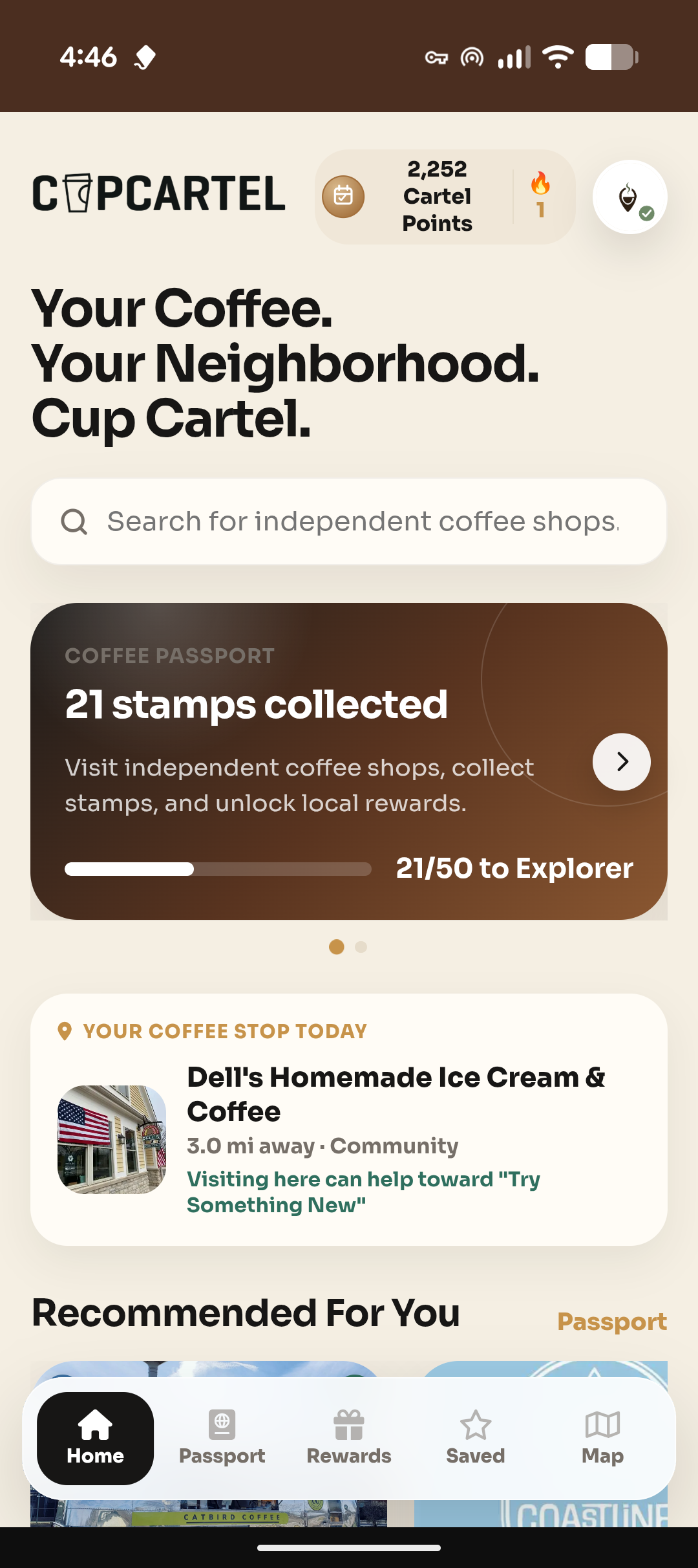 The Cup Cartel home screen, showing nearby independent coffee shops, a coffee passport progress card, and Cartel Points