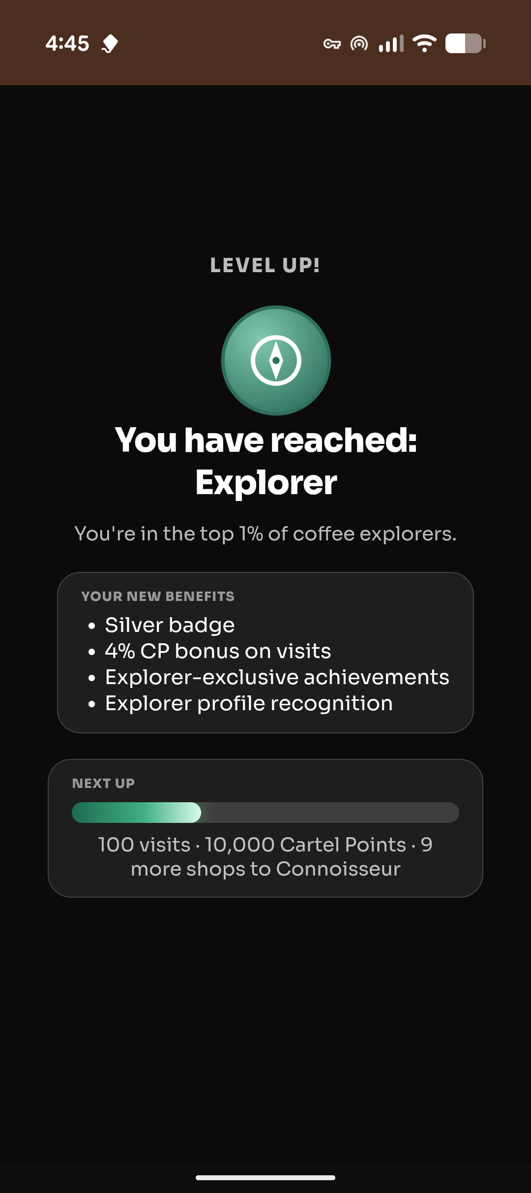 A Cup Cartel level-up celebration screen, reading 'You have reached: Explorer — you're in the top 1% of coffee explorers'
