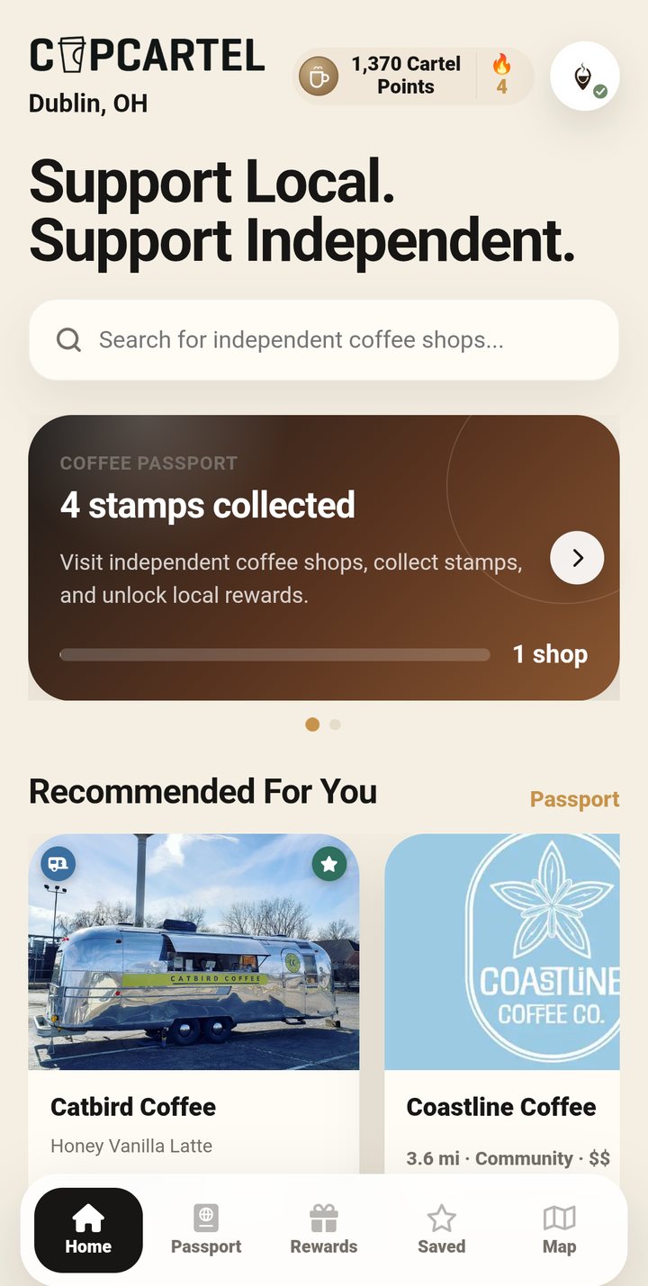 The Cup Cartel home screen, showing nearby independent coffee shops, a coffee passport progress card, and Cartel Points